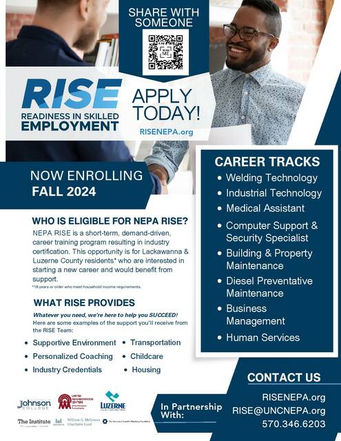130786376_web1_RISE-Now-Enrolling-Flyer_8.5x11--4---1--page-001
Readiness in Skilled Employment, or RISE, offers full-time, nine-month training or retraining for low to moderate income adults (18 and older).
Submitted Photo