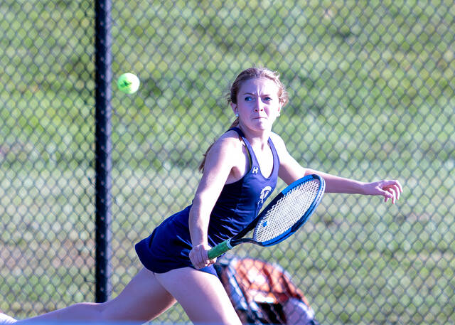 <p>Abington Heights’ Elsie Phillips returns a serve against her Western Wayne opponent.</p>
<p>Buck Norton Jennings | For Abington Journal</p>