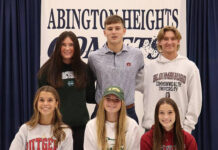 Seven Comets sign with Division I schools
Among the Abington Heights athletes signing NCAA Athletic Aid Agreements in November were, from left, first row: Lilia Calvert, Hawley Lynott, and Allie Rothenberger. Second row: Kylie Kehoe, Nick Bradley, and Philip Mathews.
Submitted Photo