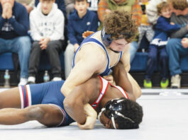 
			
				                                Mason Whitney of Abington Heights rolls Jahiem Butler of Pittston Area en route to a Comets pin.
                                 Buck Norton-Jennings | For Abington Journal

			
		