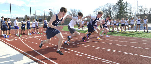 <p>Start of the boys’ varsity 100-meter dash.</p>
<p>Mark Moran | For Abington Journal</p>