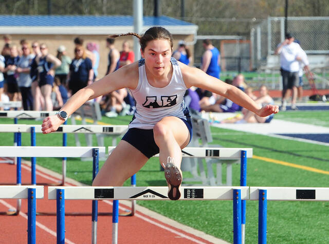 <p>Julia Schuster wins her heat of the girls’ varsity hurdles.</p>
<p>Mark Moran | For Abington Journal</p>