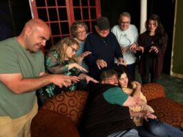 
			
				                                Annabel and her husband, Lee, portrayed by Becky Costello and Thomas Tomeo, cower on a sofa as the ghosts of the House of Usher surround them. From left are Justin OHearn, Linda C. Griffiths, Marcie Herman Riebe, Peter Riebe, Bernie Ott, and Tessa Baldassari.
                                 Submitted Photo

			
		