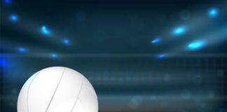 
			
				                                Volleyball ball on wooden floor and sport arena with net and blurred background lights - vector illustration
 
			
		