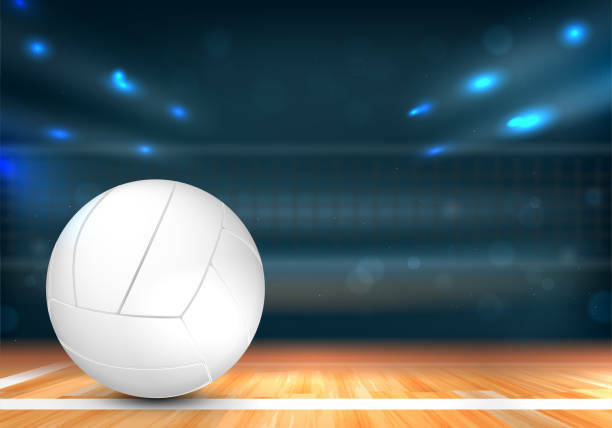 132325214_web1_VOLLEYBALL-pic
Volleyball ball on wooden floor and sport arena with net and blurred background lights - vector illustration