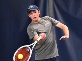 
			
				                                Wyoming Seminarys Billy Hall in action against Holy Crosss Alex Harrison in the finals of the District 2 Class 2A boys tennis singles tournament. Hall beat Harrison in straight sets to win the gold.
                                 Tony Callaio | For Times Leader

			
		