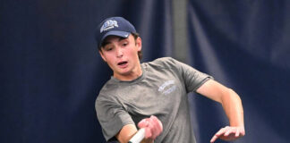 
			
				                                Wyoming Seminarys Billy Hall in action against Holy Crosss Alex Harrison in the finals of the District 2 Class 2A boys tennis singles tournament. Hall beat Harrison in straight sets to win the gold.
                                 Tony Callaio | For Times Leader

			
		