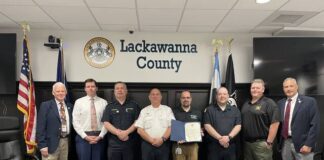 
			
				                                Lackawanna County officials recognized EMS Week, the third week of May. Emergency Medical Service personnel are everyday heroes. First responders are on the job 24 hours a day, seven days a week, providing lifesaving care and assistance to individuals who experience sudden illness, serious injuries, or traumatic events. The work performed by nurses, doctors, firefighters, law enforcement, dispatchers, and others is the culmination of several hours of training and education focused on the goal of saving lives. From left: Commissioner Thom Welby, Commissioner Bill Gaughan, Bruce Beauvais, Pennsylvania Ambulance; Steve Fish, Cottage Ambulance Company; Robert Carpenter, EMSNP of Northeast; Michael Chimielewski, Covington Ambulance; Tom Taylor, Lackawanna County Emergency Management Agency Director; and Commissioner Chris Chermak.
                                 Submitted photo

			
		