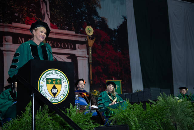 <p>Caroline Rhea smiles before addressing the Marywood Class of 2026. During her remarks, she encouraged the graduates: “Use your power for good.”</p>
<p>Submitted photo</p>