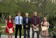 
			
				                                The Abington Lions Club recently awarded scholarships to four graduating seniors from Abington Heights High School at the schools REFLECTIONS Award Ceremony held recently at Constantinos in Clarks Summit. From left: Ella Tourscher, who will attend Bloomsburg University to study nursing; James Mitchell, who plans to attend University of Colorado, Boulder, to major in environmental studies; Richard Winslow, Abington Lions Club; Cayd Sespico, who is set to attend Lackawanna College to study business; and Sage LaCoe, who will attend Susquehanna University to study criminal justice.
                                 Submitted Photo

			
		