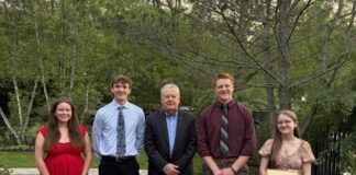 
			
				                                The Abington Lions Club recently awarded scholarships to four graduating seniors from Abington Heights High School at the schools REFLECTIONS Award Ceremony held recently at Constantinos in Clarks Summit. From left: Ella Tourscher, who will attend Bloomsburg University to study nursing; James Mitchell, who plans to attend University of Colorado, Boulder, to major in environmental studies; Richard Winslow, Abington Lions Club; Cayd Sespico, who is set to attend Lackawanna College to study business; and Sage LaCoe, who will attend Susquehanna University to study criminal justice.
                                 Submitted Photo

			
		