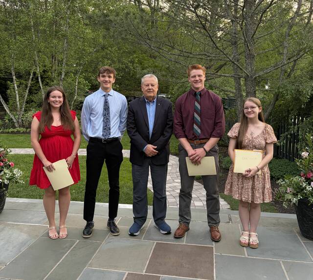 132384054_web1_IMG_2845
The Abington Lions Club recently awarded scholarships to four graduating seniors from Abington Heights High School at the schools REFLECTIONS Award Ceremony held recently at Constantinos in Clarks Summit. From left: Ella Tourscher, who will attend Bloomsburg University to study nursing; James Mitchell, who plans to attend University of Colorado, Boulder, to major in environmental studies; Richard Winslow, Abington Lions Club; Cayd Sespico, who is set to attend Lackawanna College to study business; and Sage LaCoe, who will attend Susquehanna University to study criminal justice.
Submitted Photo