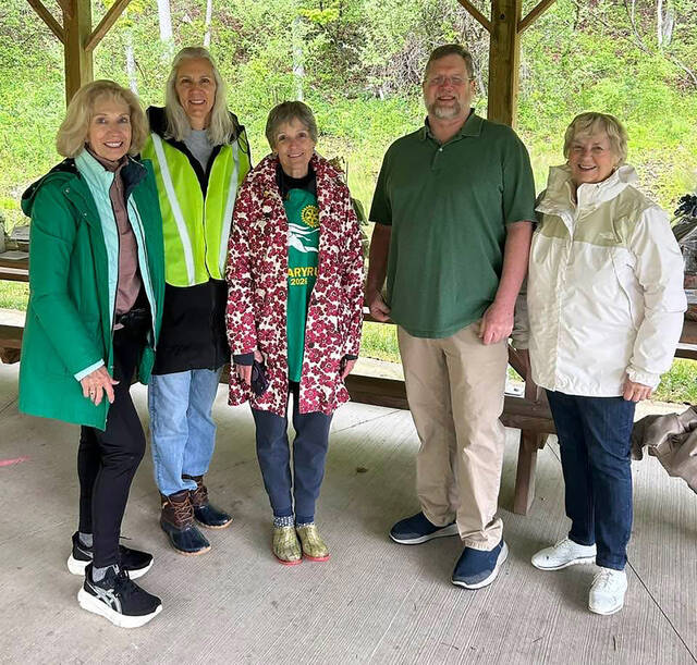 <p>These Rotary Club of the Abingtons volunteers braved the rain for the club’s 5K Run/Walk fundraiser on Saturday, May 23. From left: Pictured: Phyllis Ruzbarsky, Anita Nealon, Leah Rudolph, Roger Mattes, Diane Calabro.</p>
<p>Submitted Photo</p>