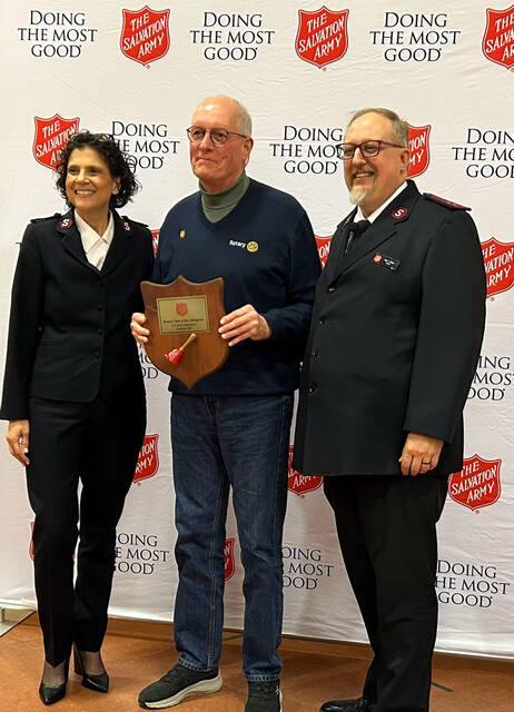 <p>The Rotary Club of the Abingtons was honored by the Salvation Army with a special plaque for the funds raised by ringing bells during the last Christmas season. Between Thanksgiving and Christmas Eve, members raised $10,000 in kettle collections and donations. At center holding the award is the club president, Chris Loftus.</p>
<p>Submitted Photo</p>
