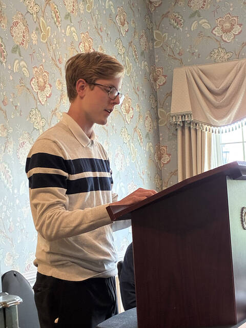 <p>David Dzurec is one of three Rotary District #7410’s annual essay winners. A student at Abington Heights High School, he was sponsored by the Rotary Club of the Abingtons. A monetary gift was presented to David at a recent weekly meeting.</p>
<p>Submitted Photo</p>