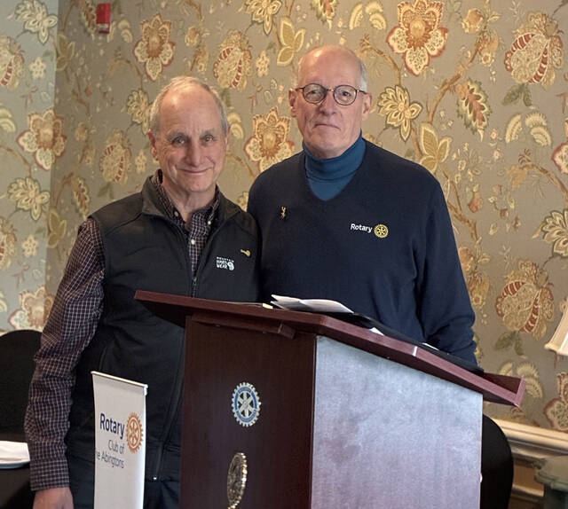 <p>A new member, Andrew Erman, left, was recently welcomed into the Rotary Club of the Abingtons. A researcher from UCLA, he retired and moved East to enjoy his time with family. In a short time, he has joined the 5K committee and several volunteer initiatives. At right is Rotary President Chris Loftus.</p>
<p>Submitted Photo</p>